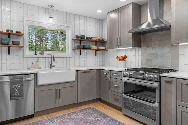 4318 S Magnolia St, Spokane, WA 99203 - kitchen featuring appliances with stainless steel finishes, wall chimney exhaust hood, open shelves, a sink, and recessed lighting