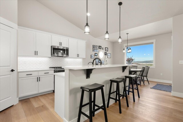 1616 S Morningside Heights Dr, Greenacres, WA 99016 - kitchen with appliances with stainless steel finishes, decorative backsplash, light wood-style floors, a breakfast bar, and an island with sink