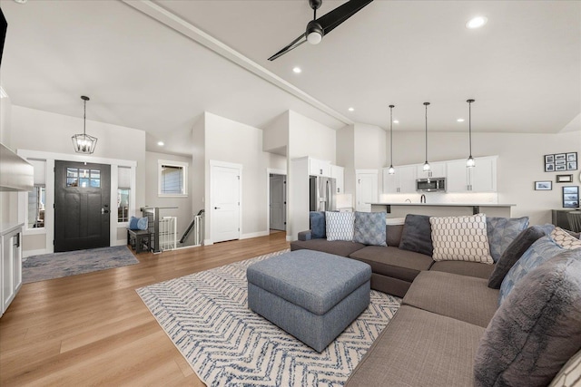 1616 S Morningside Heights Dr, Greenacres, WA 99016 - living area with high vaulted ceiling, light wood-style flooring, baseboards, and recessed lighting
