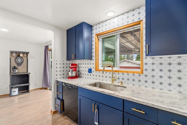 3225 E 16th Ave, Spokane, WA 99223 - kitchen with dishwasher, a sink, blue cabinets, and light wood-type flooring