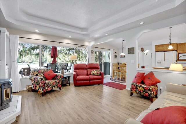491 Eastshore Rd, Newport, WA 99156 - living room featuring light wood-type flooring, a wood stove, recessed lighting, and a raised ceiling