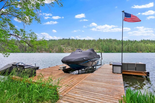 6533 D Lois Way, Nine Mile Falls, WA 99026 - dock area featuring a view of trees, a water view, and boat lift