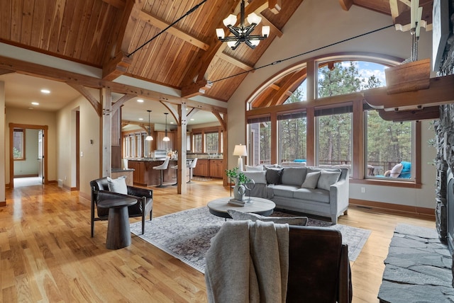 1122 E Hangman Ln, Spokane, WA 99224 - living area featuring a chandelier, wood ceiling with exposed beams, light wood-style flooring, high vaulted ceiling, and baseboards
