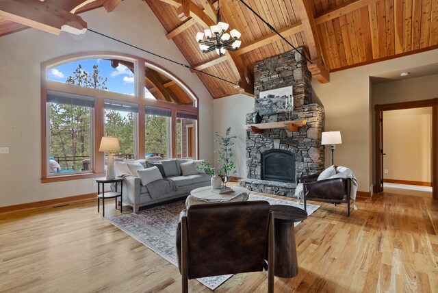 1122 E Hangman Ln, Spokane, WA 99224 - living area with a chandelier, wood ceiling with exposed beams, baseboards, high vaulted ceiling, and light wood-style flooring