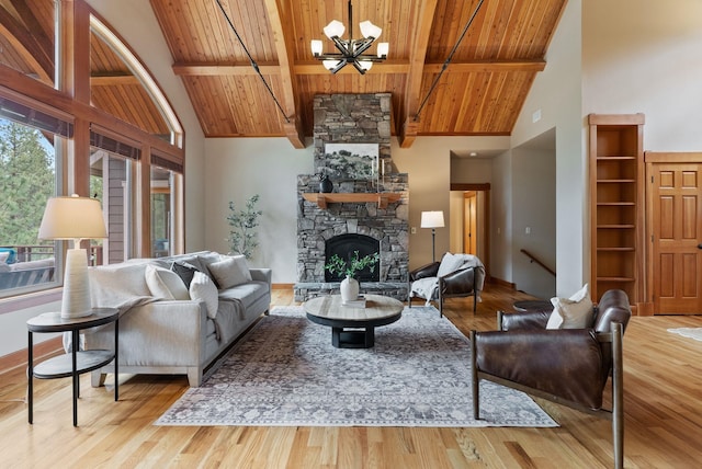 1122 E Hangman Ln, Spokane, WA 99224 - living area featuring wooden ceiling with exposed beams, a chandelier, high vaulted ceiling, wood finished floors, and a fireplace