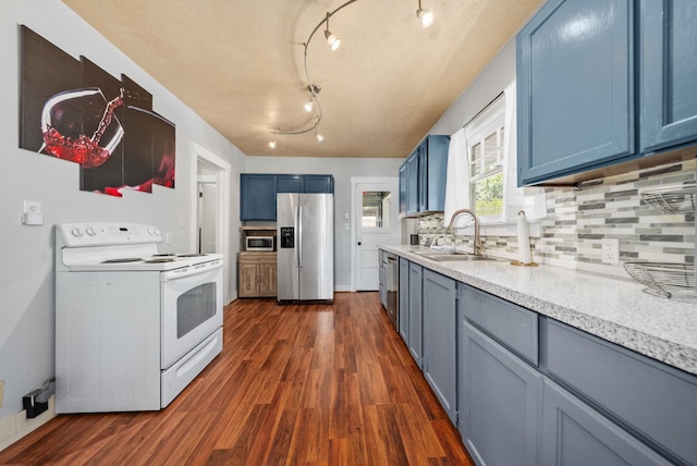 3507 E 28th Ave, Spokane, WA 99223 - kitchen with appliances with stainless steel finishes, a sink, blue cabinetry, and dark wood-type flooring