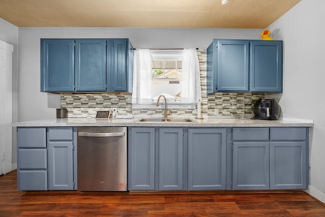 3507 E 28th Ave, Spokane, WA 99223 - kitchen featuring dishwasher, a sink, blue cabinetry, and tasteful backsplash