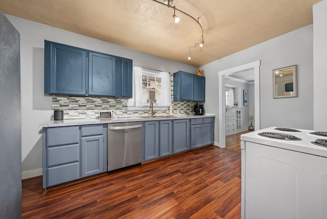 3507 E 28th Ave, Spokane, WA 99223 - kitchen featuring stainless steel dishwasher, white electric stove, blue cabinetry, dark wood-style floors, and tasteful backsplash
