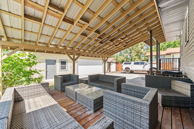 3507 E 28th Ave, Spokane, WA 99223 - wooden deck with outdoor lounge area and an outbuilding