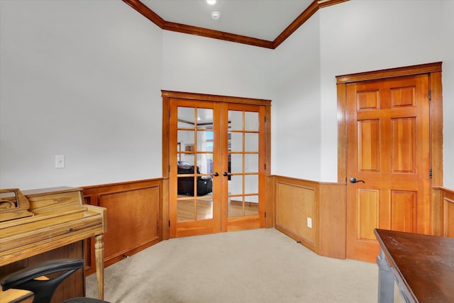 903 E Harding Ct, Spokane, WA 99218 - office with french doors, a wainscoted wall, crown molding, carpet floors, and a decorative wall