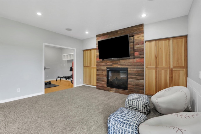 903 E Harding Ct, Spokane, WA 99218 - living area featuring carpet, recessed lighting, a large fireplace, and baseboards