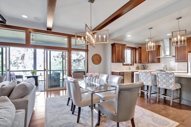 4523 S Henrys Fork Ln, Spokane, WA 99206 - dining space featuring a chandelier, beam ceiling, light wood-style flooring, and recessed lighting