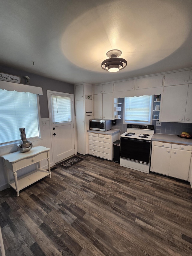 1117 E Garland Ave, Spokane, WA 99207 - kitchen featuring range with electric cooktop, stainless steel microwave, white cabinetry, dark wood-style floors, and decorative backsplash