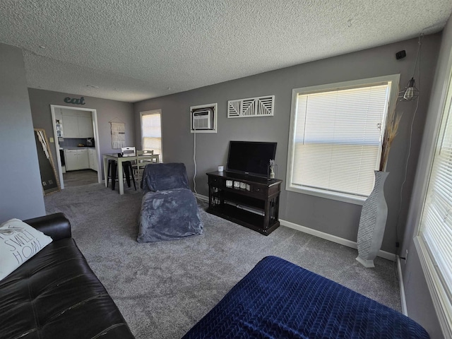 1117 E Garland Ave, Spokane, WA 99207 - living area featuring a wall mounted air conditioner, carpet flooring, a textured ceiling, and baseboards