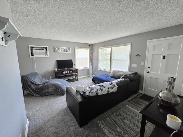 1117 E Garland Ave, Spokane, WA 99207 - living room with a textured ceiling, an AC wall unit, carpet floors, and baseboards