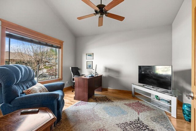 1220 E Fireside Ln, Spokane, WA 99208 - office featuring lofted ceiling, wood finished floors, ceiling fan, and baseboards