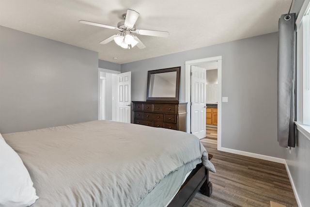1212 S Drummond Rd, Greenacres, WA 99016 - bedroom with baseboards, wood finished floors, ensuite bath, and a ceiling fan