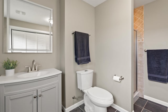 1212 S Drummond Rd, Greenacres, WA 99016 - bathroom featuring a stall shower, toilet, vanity, tile patterned flooring, and baseboards