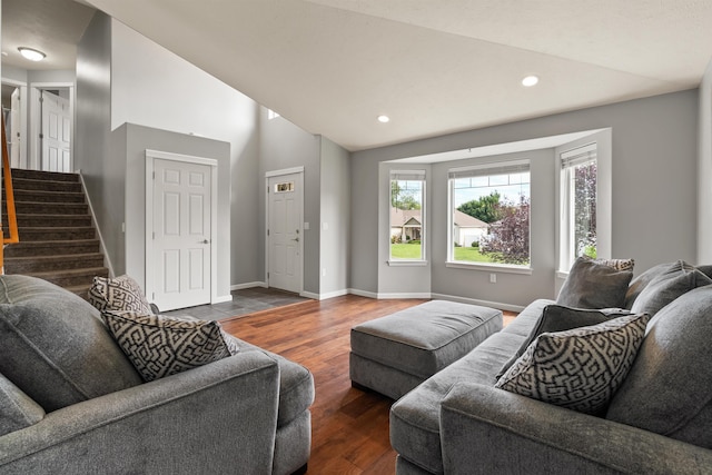1212 S Drummond Rd, Greenacres, WA 99016 - living area with stairs, baseboards, wood finished floors, vaulted ceiling, and recessed lighting