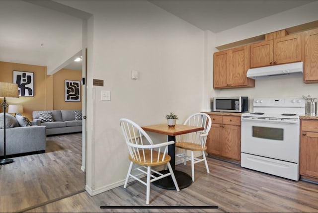 1702 W Dean Ave, Spokane, WA 99201 - kitchen featuring white electric range, under cabinet range hood, stainless steel microwave, vaulted ceiling, and light wood-style flooring