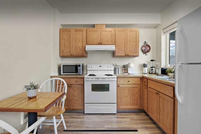 1702 W Dean Ave, Spokane, WA 99201 - kitchen with white appliances, under cabinet range hood, light wood finished floors, and light countertops