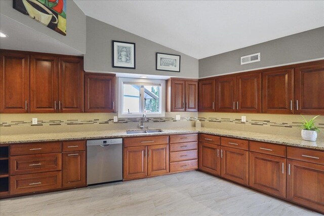 21123 S Cheney Spangle Rd, Cheney, WA 99004 - kitchen with dishwasher, a sink, tasteful backsplash, light stone counters, and high vaulted ceiling