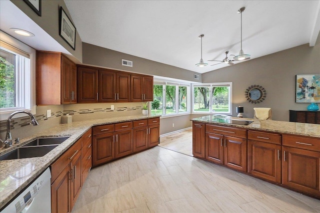 21123 S Cheney Spangle Rd, Cheney, WA 99004 - kitchen with a sink, dishwasher, vaulted ceiling, black electric stovetop, and a ceiling fan