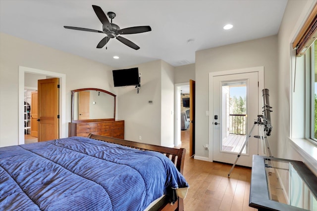 15415 E Timbercrest Ln, Mead, WA 99021 - bedroom with access to outside, light wood-type flooring, recessed lighting, a ceiling fan, and baseboards