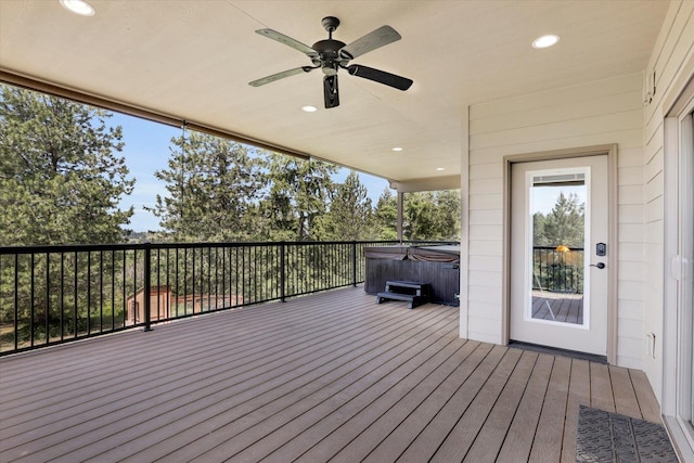 15415 E Timbercrest Ln, Mead, WA 99021 - wooden terrace featuring a hot tub and ceiling fan