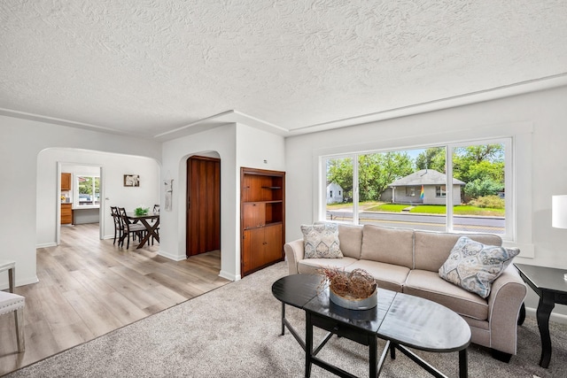 2603 E Wellesley Ave, Spokane, WA 99217 - living area featuring arched walkways, a textured ceiling, light wood-type flooring, light colored carpet, and baseboards
