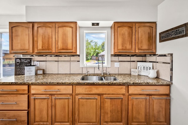 2603 E Wellesley Ave, Spokane, WA 99217 - kitchen with a sink, brown cabinets, dark stone counters, and healthy amount of natural light