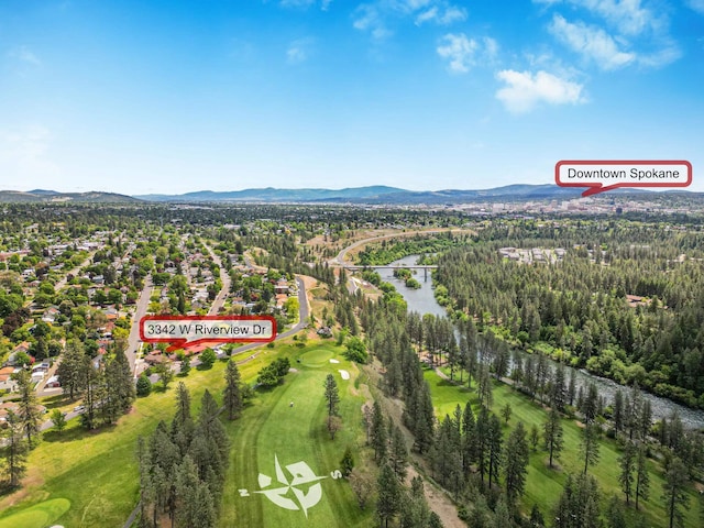 3342 W Riverview Dr, Spokane, WA 99205 - aerial overview of property's location with a water and mountain view and a local golf course