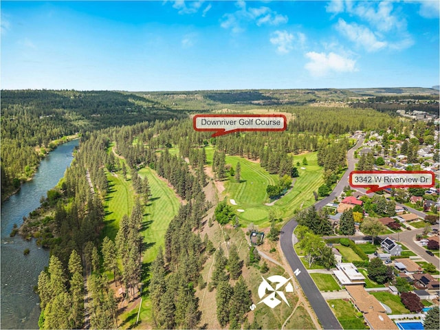 3342 W Riverview Dr, Spokane, WA 99205 - aerial view of property's location with a large body of water, a forest, and a local golf course