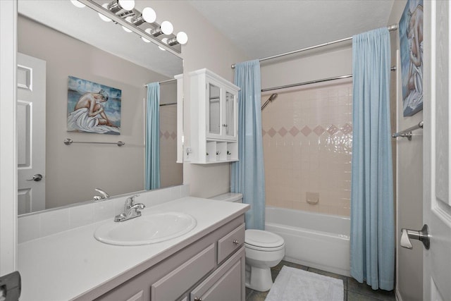 1216 W Candlewood Ct, Spokane, WA 99218 - bathroom with shower / bath combination with curtain, vanity, toilet, and tile patterned floors