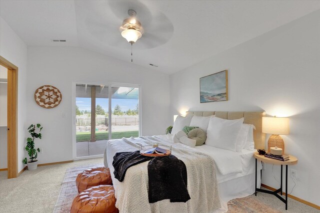 1002 N Oasis Ave, Deer Park, WA 99006 - bedroom featuring vaulted ceiling, access to outside, light carpet, baseboards, and a ceiling fan