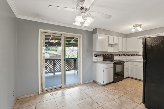 3424 E 32nd Ave, Spokane, WA 99223 - kitchen with black appliances, decorative backsplash, a ceiling fan, light countertops, and crown molding