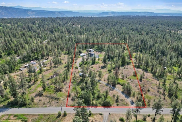 12510 N Craig Rd, Nine Mile Falls, WA 99026 - aerial view of property's location with a forest, property boundaries highlighted, and a mountainous background