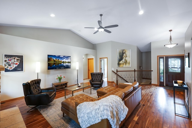 13906 E 39th Ln, Veradale, WA 99037 - living area with lofted ceiling, arched walkways, hardwood / wood-style floors, a ceiling fan, and baseboards