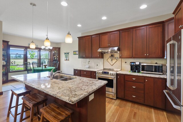 1002 N High Desert Dr, Deer Park, WA 99006 - kitchen featuring stainless steel appliances, a sink, under cabinet range hood, decorative backsplash, and light wood-style flooring
