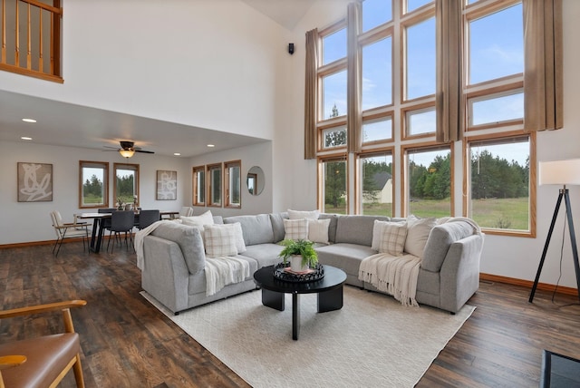 609 E Wild Rose Rd, Colbert, WA 99005 - living area featuring a towering ceiling, baseboards, dark wood finished floors, ceiling fan, and recessed lighting