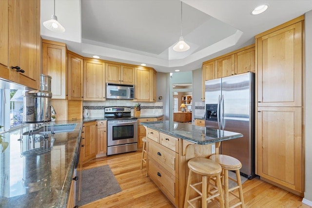 7920 S Parway Ln, Cheney, WA 99004 - kitchen featuring stainless steel appliances, a tray ceiling, light wood-style floors, dark stone counters, and tasteful backsplash