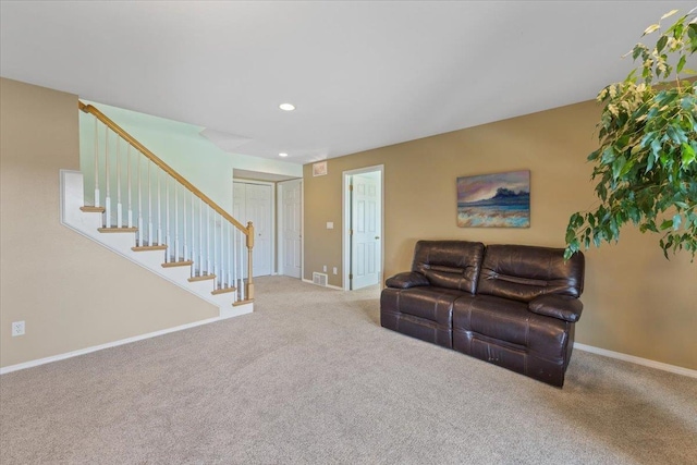 7920 S Parway Ln, Cheney, WA 99004 - living area featuring carpet, stairs, baseboards, and recessed lighting