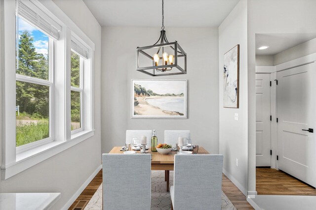 40083 Lake Terrace Ct, Loon Lake, WA 99148 - dining area with plenty of natural light, a chandelier, dark wood-type flooring, and baseboards