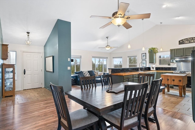 5814 Jergens Rd Unit B, Nine Mile Falls, WA 99026 - dining room featuring a ceiling fan, wood finished floors, and high vaulted ceiling