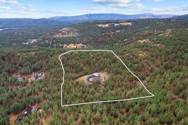 5814 Jergens Rd Unit B, Nine Mile Falls, WA 99026 - aerial view of property's location featuring a heavily wooded area, a mountain backdrop, and property boundaries highlighted