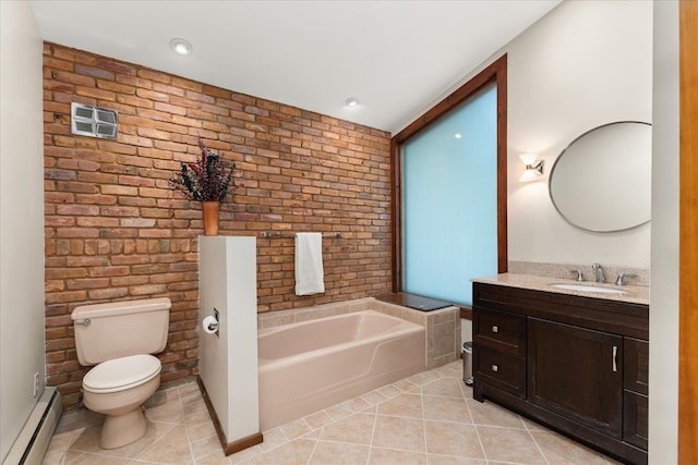 2111 E 34th Ave, Spokane, WA 99203 - bathroom with baseboard heating, toilet, a bath, tile patterned flooring, and brick wall