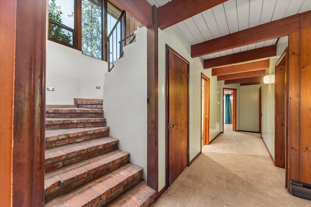 2111 E 34th Ave, Spokane, WA 99203 - staircase with carpet and beamed ceiling