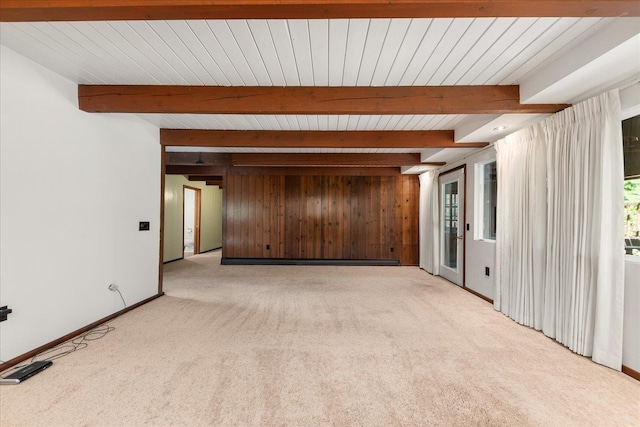 2111 E 34th Ave, Spokane, WA 99203 - empty room with carpet, beamed ceiling, baseboards, and wood walls