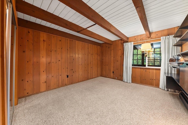 2111 E 34th Ave, Spokane, WA 99203 - carpeted spare room featuring wood walls, wood ceiling with exposed beams, and a baseboard radiator