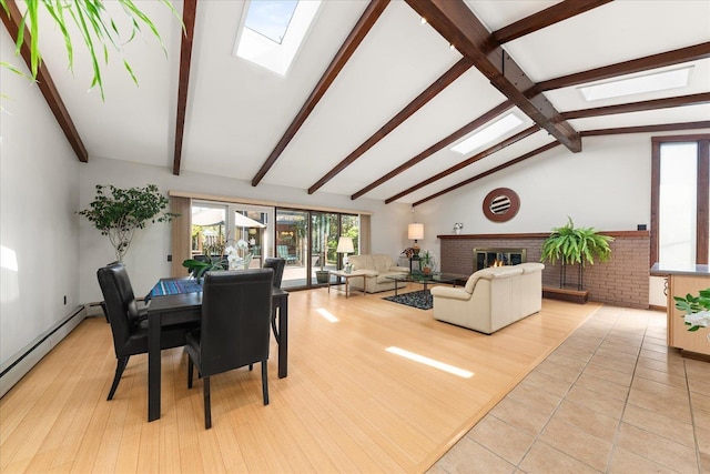 2111 E 34th Ave, Spokane, WA 99203 - dining space featuring a skylight, a baseboard radiator, light wood-style floors, and a fireplace